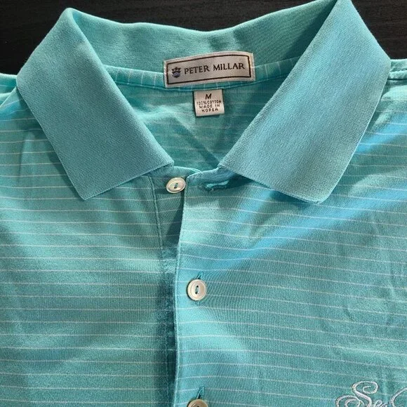 Peter Millar Sea Island Embroidered Striped Golf Polo Shirt Teal Blue Medium - Picture 3 of 7